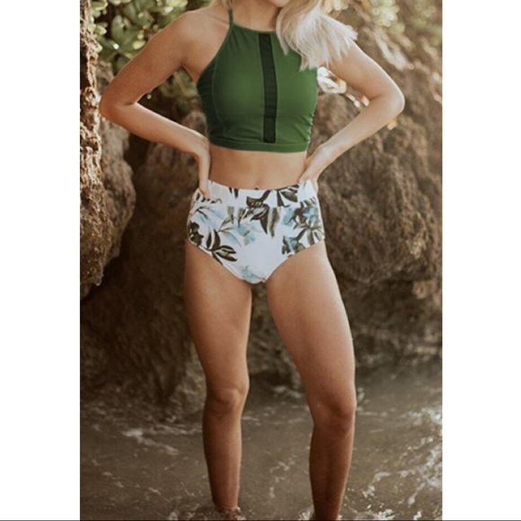 Leaf & Floral Print High Halter Two-piece Swimwear - Picture 6 of 6